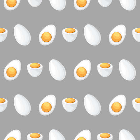 Egg seamless pattern. Healthy breakfast food background with half sliced boiled eggs ornament.のイラスト素材