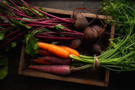 Fresh organic carrots and beetroot with leaves, root vegetables over wooden background, top viewの写真素材