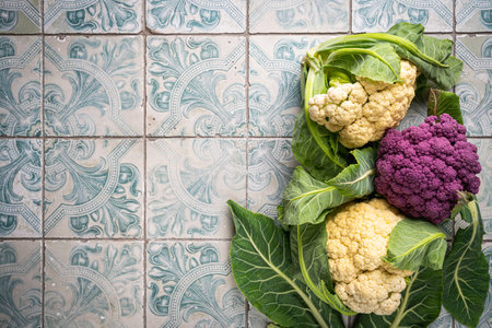 Raw fresh colorful cauliflowers on tile background. Healthy eatingの写真素材
