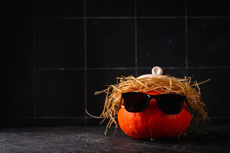 Funny Halloween pumpkin in sunglasses and straw hair on dark backgroundの写真素材