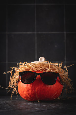 Funny Halloween pumpkin in sunglasses and straw hair on dark backgroundの写真素材