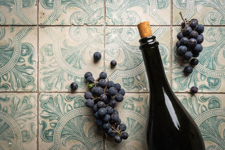Wine bottle and grapes on tile background top view with copy space