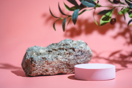 Creative concrete stone and round pink platform podium for cosmetics or products with shadowes of greens branches on pink background. Front viewの写真素材