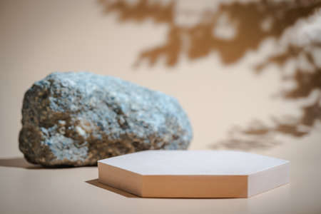 Creative concrete stone and beige platform podium for cosmetics or products with shadowes of greens branches on beige background. Front viewの写真素材