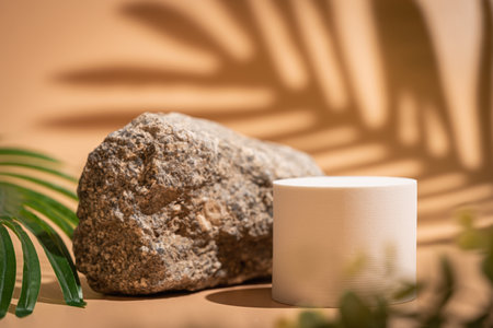 Creative concrete stone and round beige platform podium for cosmetics or products with shadowes of greens branches on beige background. Front viewの写真素材