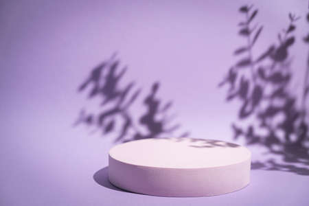 Abstract minimalistic scene with geometric forms. podium on purple background with shadows. product presentation, mock up, show cosmetic product display, Podium, stage pedestal or platform.の写真素材