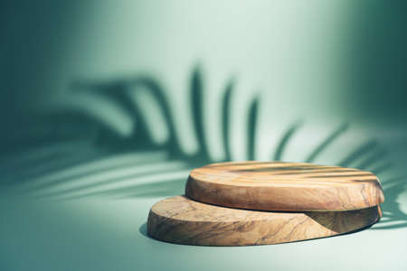 Wooden podium with leaves and shadows. Realistic wood platform for product presentation. Minimal...