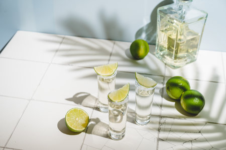 Mexican Gold Tequila with lime and salt on white background with shadows and copyspace.