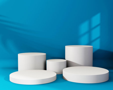 3d background products display podium scene with geometric platform. background 3d rendering with podium. stand to show cosmetic products. Stage showcase on pedestal display blue studioの写真素材