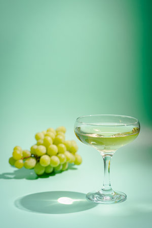 Wine Glass of white wine and grapes with bright shadows over green backgroundの写真素材
