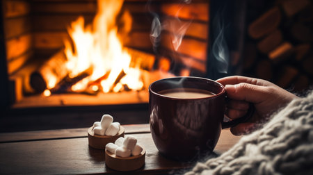Mug of hot drink near fireplaceの素材