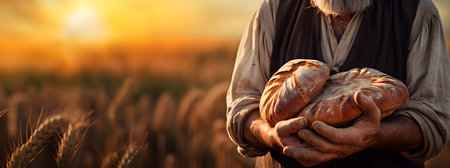 farmer hands holding fresh bakedの素材
