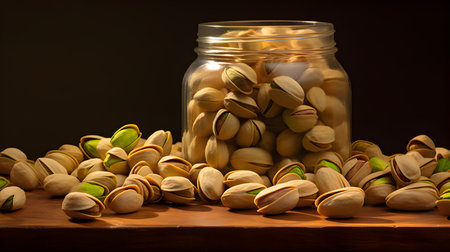 Pistachios nuts in glass jar on a dark background. Organic healthy food.の素材