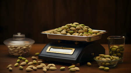 Pistachios nuts on scales on a dark background. Organic healthy food.の素材