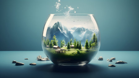 green planet and water save concept - green trees and water in glass ball with greenery around. Saving green environment and world environmental conservation conceptの素材