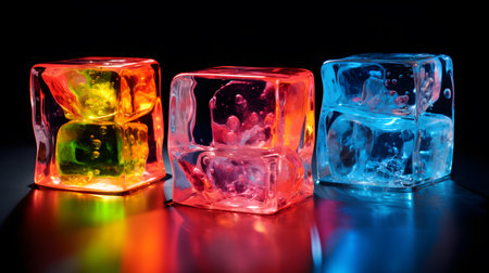 Pile of colored different wet ice cubes on black background with illuminated lightの素材