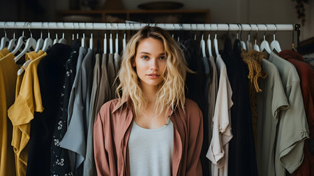 Woman near rack with hangers with clothesの素材