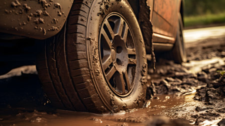 Car wheels slipping in the dirtの素材