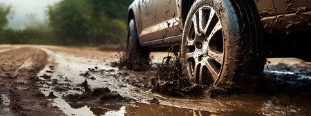 Car wheels slipping in the dirtの素材