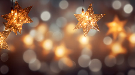Christmas Lights - Stars String Hanging At Fir Branches In Abstract Defocused bokeh Backgroundの素材