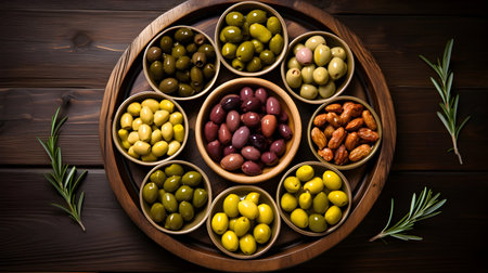 Assortment of fresh olives with different colors in bowls with rosemary branches on wooden background. Top view.の素材