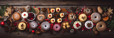 Cute Christmas sweets and cookie table scene. Top view on a rustic dark wood banner background. Fun holiday baking concept.の素材