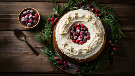 Christmas gingerbread cake with eggnog cream cheese frosting and wreath of snowy rosemary and cranberries. Overhead view table scene on a rustic wood background. top viewの素材