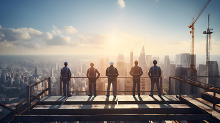 Team engineer professional technician rear standing on skyscraper downtown with perspective view to huge megapolisの素材