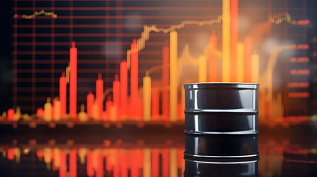 Barrels of oil with charts and graphs of stock market as a concept of raw material. Financial world crisis concept. Up of oil price, market grow up.の素材