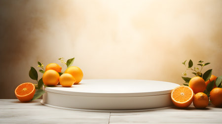 Summer mockup concept for product presentation. Empty podium and orange fruits on beige background. 3d rendering illustration.の素材