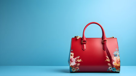 Women bag isolated on blue background. Front view of genuine full grain leather lady shopping bag. Womens top handle shopperの素材