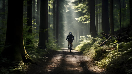 Male cyclist with professional racing sports gear riding on an open road cycling route through a forestの素材