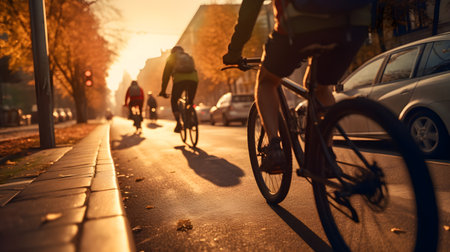 Close up group of cyclists with professional racing sports gear riding on an open road cycling routeの素材