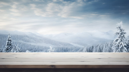 Winter snow landscape and empty rustic wooden table with snow on top. Xmas winter background. Christmas card.の素材
