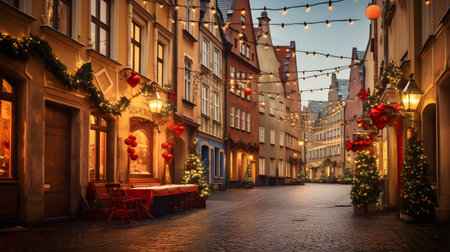 Beautiful Christmas atmosphere in European city at night with lots of Christmas lights, and decorationの素材