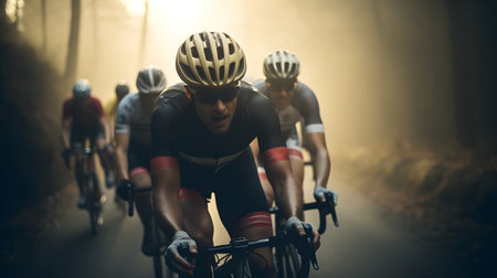 Close up group of cyclists with professional racing sports gear riding on an open road cycling routeの素材