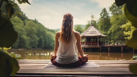 A fit woman sitting on a wooden pier and meditating in a beautiful mountainous surrounding near the lake and buddhist templeの素材