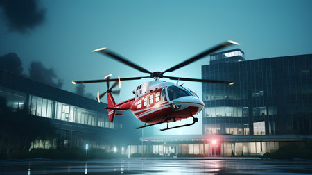 Red helicopter landing on helipadの素材