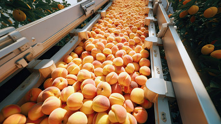 Fresh peaches on conveyor belt ready for sortingの素材