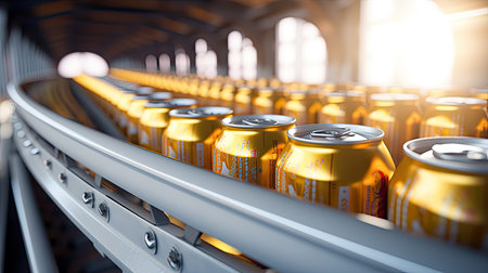 Moving yellow aluminum beer cans on conveyor belt at brewery factory, plant. Manufacturing, industrial and automated technology equipment conceptの素材