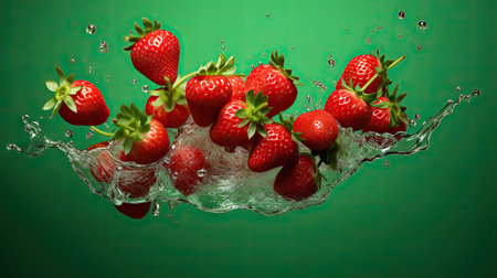 Fresh tasty strawberries and water splashing against green background. Juicy and ripe summer fruitsの素材