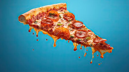 Hot pizza and slice with melting cheese pull on the blue background. Pizza with bacon, pepperoni, corn and onion.の素材