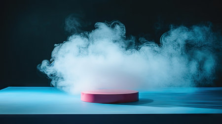 Blue background with a product podium surrounded by dark blue clouds. Smoke, fog, steam background.の素材