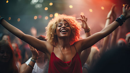 Portrait of cheerful young woman enjoying at music festival. A young woman is dancing at a concert having a good time at an open air venue in the night.の素材