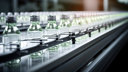 A long row of glass bottles on a conveyor belt. Production of alcoholic beverages. Perspective view, selective focusの素材