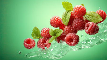 Fresh tasty raspberries and water splashing against green background. Juicy and ripe summer fruitsの素材