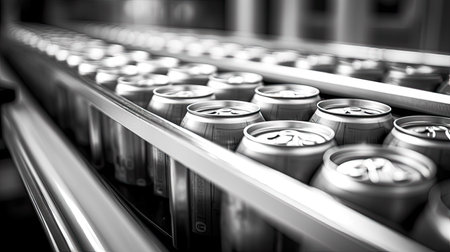 Conveyor with aluminum cans. Beverage factory. Filled aluminum cans.の素材