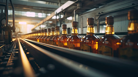 Bottles of golden alcohol with caps transported by conveyor, perspective viewの素材