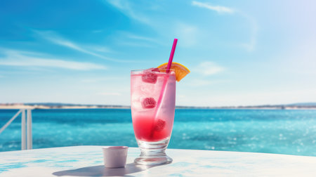 Glass with tropical cocktail and beautiful view of ocean as a backgroundの素材