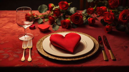 Valentines day table setting with red roses, candles and champagne glasses on red background. Valentines greeting cardの素材